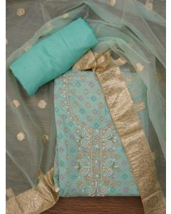 Sea Green Unstitched Embellished Cotton Blend Dress Material with Dupatta
