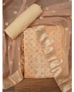 Beige Unstitched Embellished Cotton Blend Dress Material with Dupatta