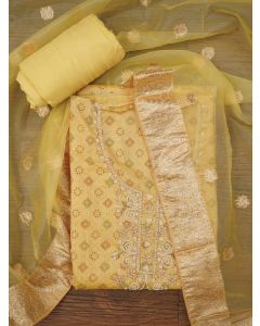 Light Green Unstitched Embellished Cotton Blend Dress Material with Dupatta