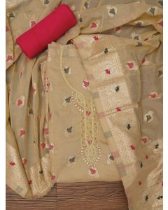 Beige Zari Woven Cotton Blend Dress Material with Dupatta