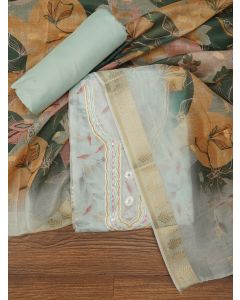 Sea Green Sequin Work Floral Printed Cotton Blend Dress Material with Dupatta