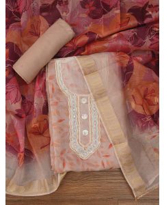 Peach Sequin Work Floral Printed Cotton Blend Dress Material with Dupatta