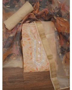 Beige Sequin Work Floral Printed Cotton Blend Dress Material with Dupatta