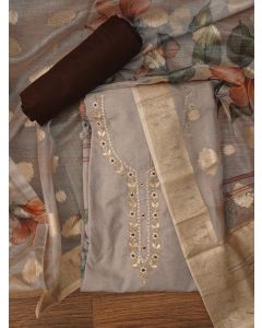 Grey Embellished Floral Printed Cotton Blend Dress Material with Dupatta