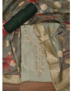 Light Green Embellished Floral Printed Cotton Blend Dress Material with Dupatta