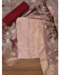 Peach Embellished Floral Printed Cotton Blend Dress Material with Dupatta