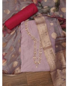 Pink Embellished Floral Printed Cotton Blend Dress Material with Dupatta