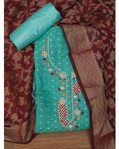 Green Unstitched Zari Embellished Cotton Blend Dress Material with Dupatta