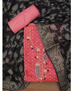 Pink Unstitched Zari Embellished Cotton Blend Dress Material with Dupatta