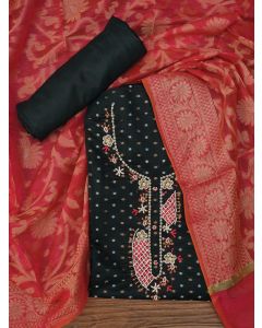 Black Unstitched Zari Embellished Cotton Blend Dress Material with Dupatta