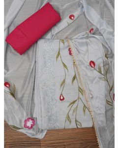 Grey Handpainted Embroidered Dress Material with Dupatta