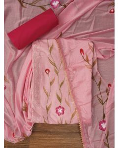 Pink Handpainted Embroidered Dress Material with Dupatta
