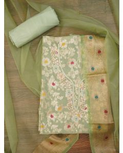 Light Green Zari Brocade Cotton Dress Material with Dupatta
