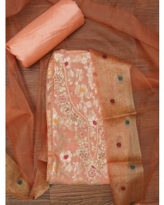 Peach Zari Brocade Cotton Dress Material with Dupatta