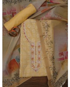 Yellow Printed Embellished Cotton Dress Material with Dupatta