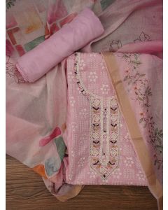 Pink Printed Embellished Cotton Dress Material with Dupatta