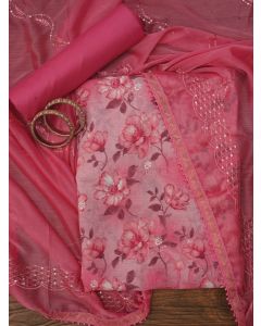 Floral Pink Printed Embellished Cotton Dress Material with Dupatta