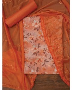 Peach Floral Printed Embellished Cotton Dress Material with Dupatta