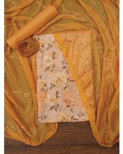 Yellow Floral Printed Embellished Cotton Dress Material with Dupatta
