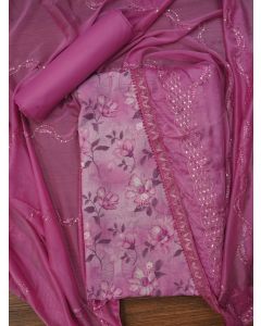 Lavender Floral Printed Embellished Cotton Dress Material with Dupatta