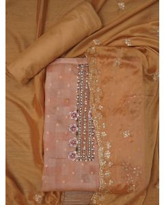 Floral Beige Printed Embellished Cotton Dress Material with Dupatta