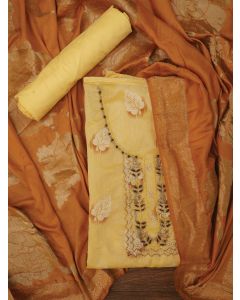 Yellow Embellished Woven Design Cotton Dress Material with Dupatta
