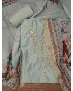 Sea Green Unstitched Zari Woven Design Cotton Dress Material with Dupatta