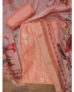 Peach Unstitched Zari Woven Design Cotton Dress Material with Dupatta
