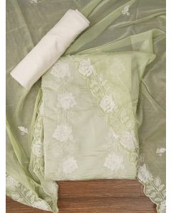 Green Unstitched Floral Embroidery Silk Blend Dress Material with Dupatta
