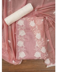 Peach Unstitched Floral Embroidery Silk Blend Dress Material with Dupatta