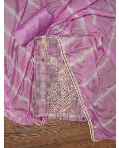 Purple Leheriya Embroidered Dress Material with Dupatta