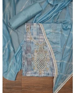 Teal Blue Leheriya Embroidered Dress Material with Dupatta