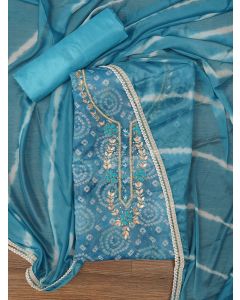 Blue Bandhani Embroidered Dress Material with Leheriya Dupatta