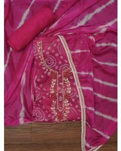 Pink Bandhani Embroidered Dress Material with Leheriya Dupatta