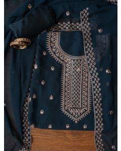 Unstitched Teal Embroidered Silk Georgette Dress Material With Dupatta