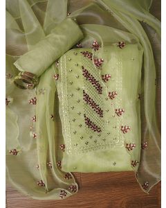 Zari Embroidered Organza Green Dress Material with Dupatta