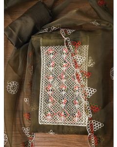 Mehandi Zari Embroidered Organza Dress Material with Dupatta