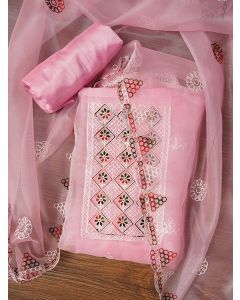 Pink Zari Embroidered Organza Dress Material with Dupatta