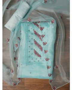 Zari Sky Blue Embroidered Organza Dress Material with Dupatta