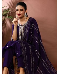 Floral Embroidered Chanderi Cotton Kurta & Trousers Sets-MV- 610 Purple