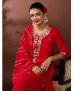Floral Embroidered Chanderi Cotton Kurta & Trousers Sets-MV- 610 Red