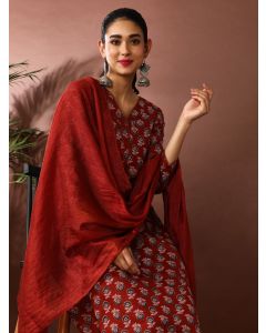Floral Printed Pure Cotton Kurta & Trousers Sets-MV- 615 Rust