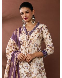Floral Embroidered A-Line Pure Cotton Kurta & Palazzos Sets-MV- 616 Cream