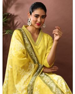 Floral Embroidered Cotton Blend Kurta & Trousers Sets-MV- 619 Lime Green