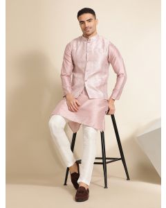 Woven Design Embroidered Straight Kurta & Pyjama With Nehru Jacket-MVRS504 Pink