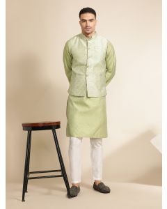 Woven Design Embroidered Straight Kurta & Pyjama With Nehru Jacket-MVRS515 Mehandi Green