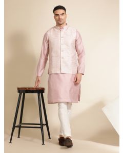 Woven Design Embroidered Straight Kurta & Pyjama With Nehru Jacket-MVRS516 Pink