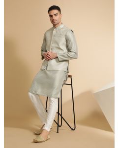 Woven Design Embroidered Straight Kurta & Pyjama With Nehru Jacket-MVRS518 Light Grey