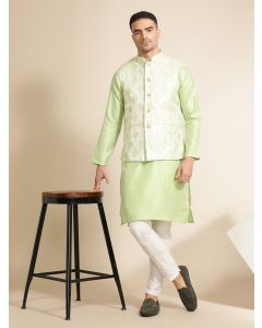 Woven Design Embroidered Straight Kurta & Pyjama With Nehru Jacket-MVRS519 Pista Green