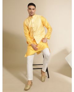 Woven Design Embroidered Straight Kurta & Pyjama With Nehru Jacket-MVRS520 Yellow